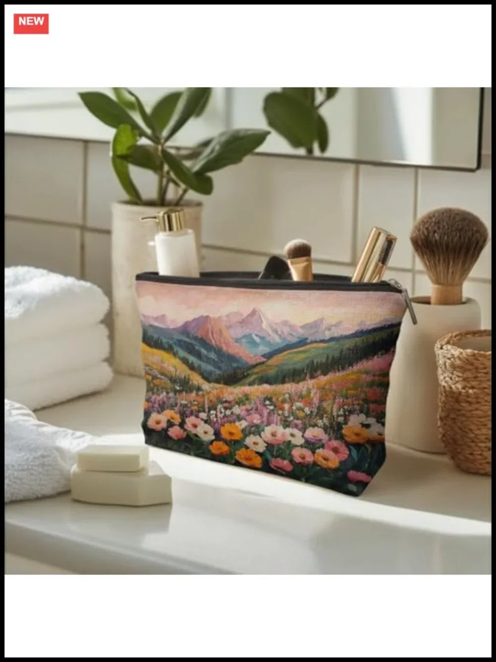 Abstract Mountain Wildflower Makeup Bag, Floral Botanical Cosmetic Pouch,